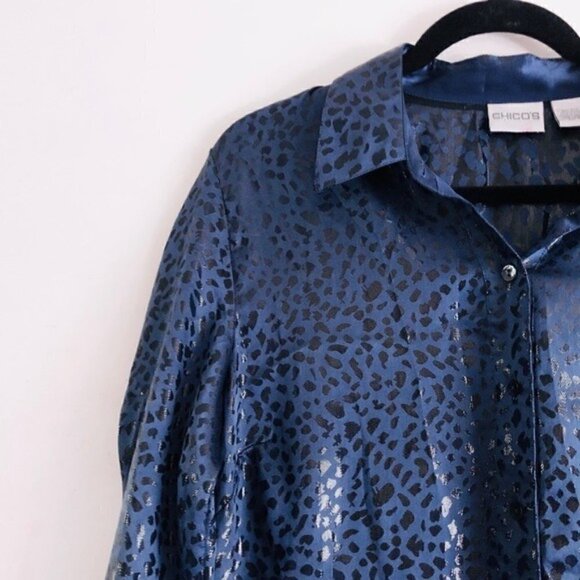 Chico’s Tunic Top 12 Silk Cheetah Animal Print Metallic Navy Blue Cocktail Party - Picture 5 of 11